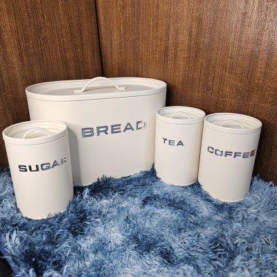 4 Pcs Bread Box & Tea, Coffee, Sugar Storage Jar, Container Set