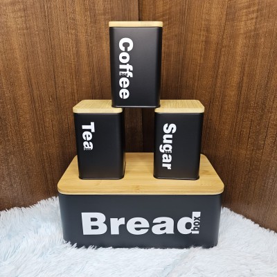 4 Pcs Bread Box & Tea, Coffee, Sugar Storage Jar, Container Set