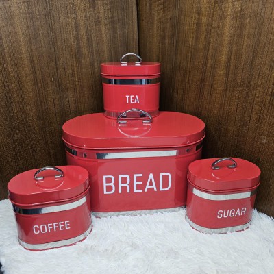 4 Pcs Bread Box & Tea, Coffee, Sugar Storage Jar, Container Set