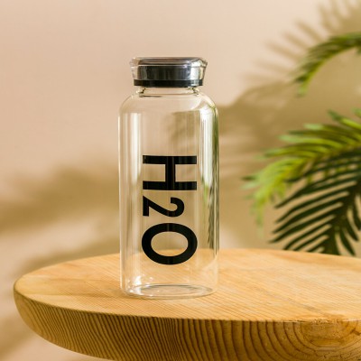 H2O Decorated Glass Water Bottle–1000ml | Leak Proof | Stylish & Eco-Friendly (Black)
