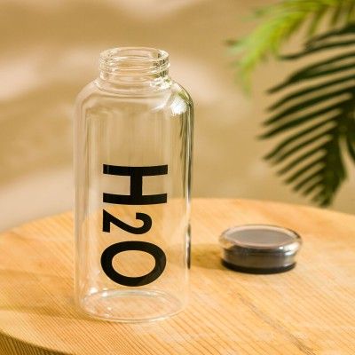 H2O Decorated Glass Water Bottle–700ml | Leak Proof | Stylish & Eco-Friendly (Black)