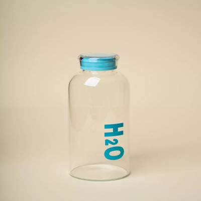 H2O Decorated Glass Water Bottle–1000ml | Leak Proof | Stylish & Eco-Friendly(Blue)