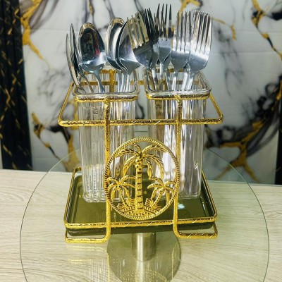 Double Chamber Spoon Holder (TNG) – Acrylic & Metal Cutlery Organizer with Drain Base | Kitchen Spoon, Fork & Knife Holder