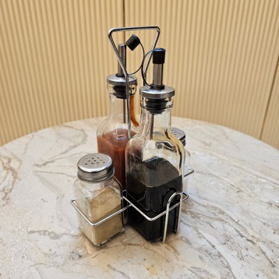 4 Piece Condiment Set – Salt, Pepper, Oil & Vinegar Glass Cruet Set with Stand | Kitchen Oil & Spice Organizer 🍶