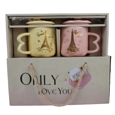 Sweet Smile Couple Mug Set with Lid & 2 Pcs Spoon – Romantic Gift Box