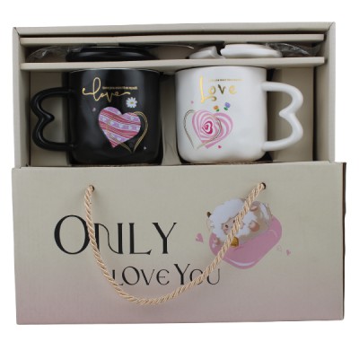 Love Couple Ceramic Mug Set with Lid & 2 Pcs Spoon – Romantic Gift Box
