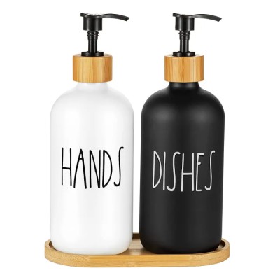 JAERBEE Premium Hand & Dish Soap Dispenser Set with Tray – Farmhouse Glass Kitchen Soap Set (Black & White, 3PCS)