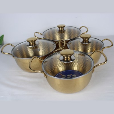 Stainless Steel Korean Ramen Pot with Glass Lid & Double Handle | Golden Hammered Soup & Noodle Cooking Pot