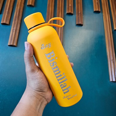500ml Stainless Steel Vacuum Water Bottle | Hot Cold Flask with Handle | Matte Yellow