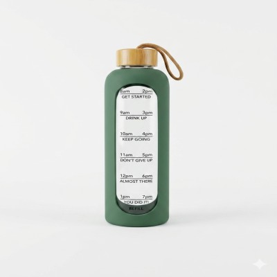 1L Glass Water Bottle with Bamboo Lid & Time Marker | 1000ml Borosilicate Reusable Bottle with Silicone Sleeve | Leak-Proof Sports Gym Travel Bottle (Green)