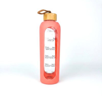 1L Glass Water Bottle with Bamboo Lid & Time Marker | 1000ml Borosilicate Reusable Bottle with Silicone Sleeve | Leak-Proof Sports Gym Travel Bottle (Pink)