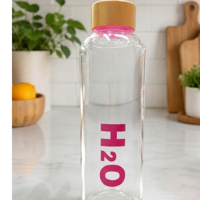 H2O Premium Borosilicate Glass Bottle – Bamboo Lid | 750ml | Leak Proof | Stylish & Eco-Friendly (pink)