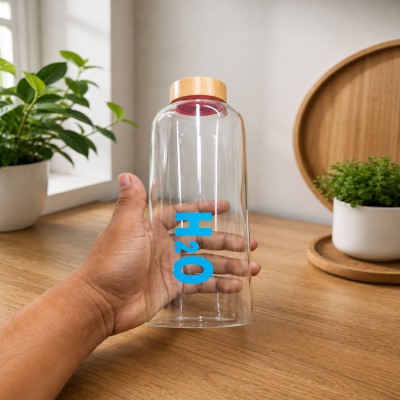 H2O Premium Borosilicate Glass Bottle – Bamboo Lid | 750ml | Leak Proof | Stylish & Eco-Friendly (Blue)