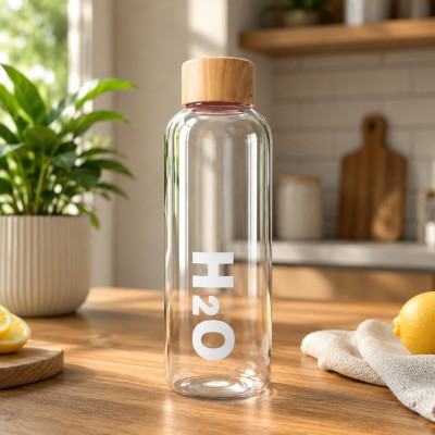 H2O Premium Borosilicate Glass Bottle – Bamboo Lid | 750ml | Leak Proof | Stylish & Eco-Friendly (White)