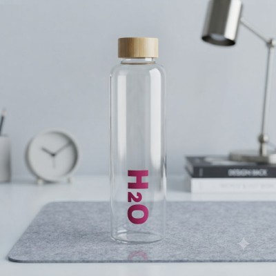 H2O Premium Borosilicate Glass Bottle – Bamboo Lid | 1000ml | Leak Proof | Stylish & Eco-Friendly (pink)