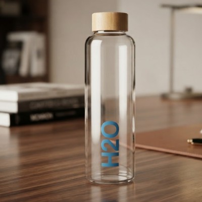 Premium H2O Borosilicate Glass Bottle – Bamboo Lid | 1000ml | Leak Proof | Stylish & Eco-Friendly (Blue)