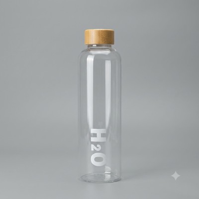 Premium H2O Borosilicate Glass Bottle – Bamboo Lid | 1000ml | Leak Proof | Stylish & Eco-Friendly (White)